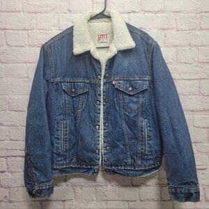 VTG 80s Levis Sherpa Lined Denim Trucker Jacket Size 42R USA Made Snap Closure